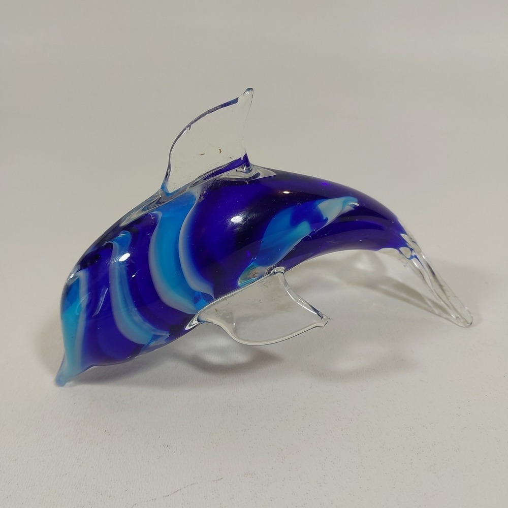 Glass Blue Dolphin Figurine, Hand Blown Nautical Paperweight, Coastal Fish Decor